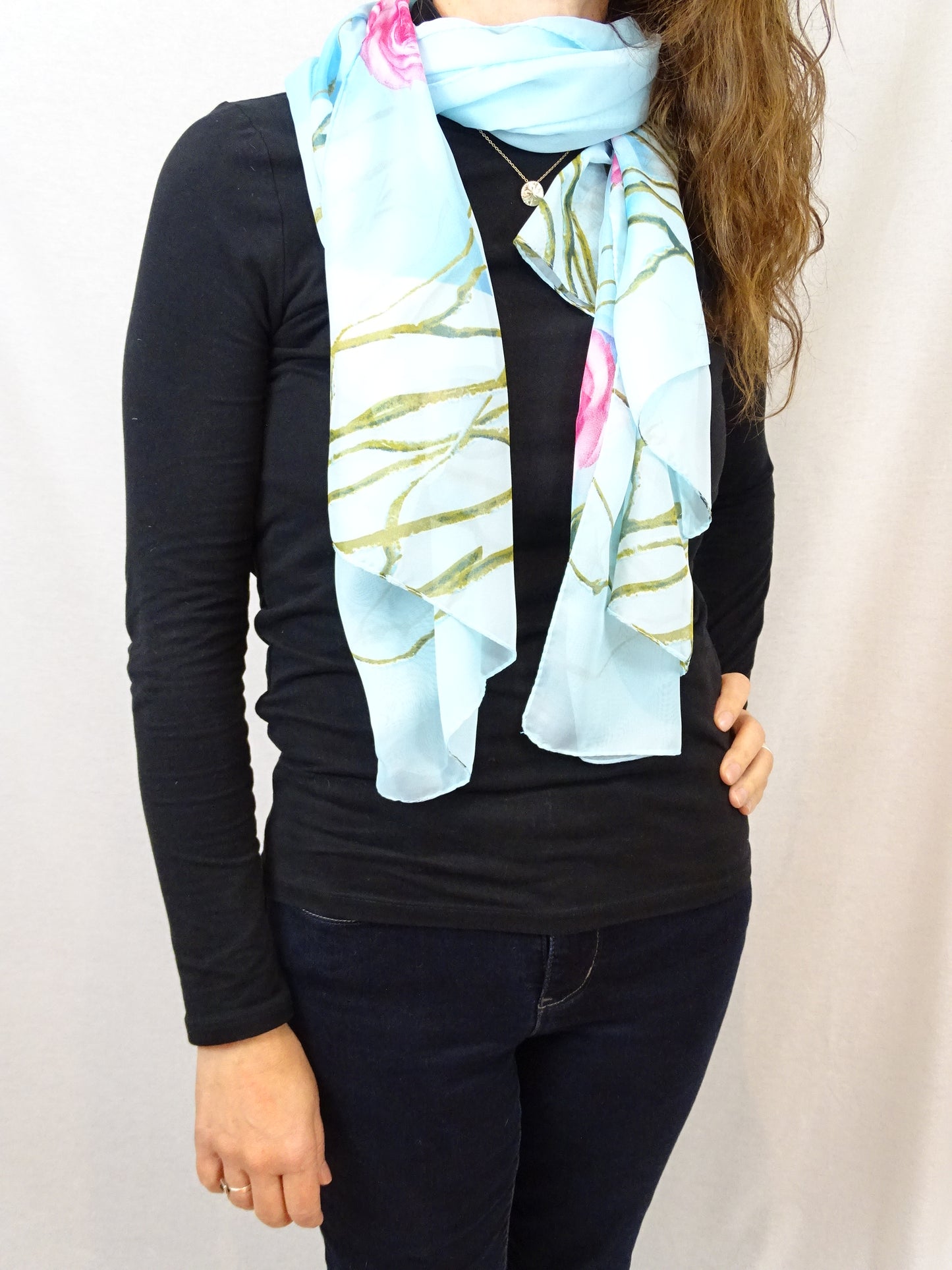 Scarf Shawl - Light Blue with Pink Roses