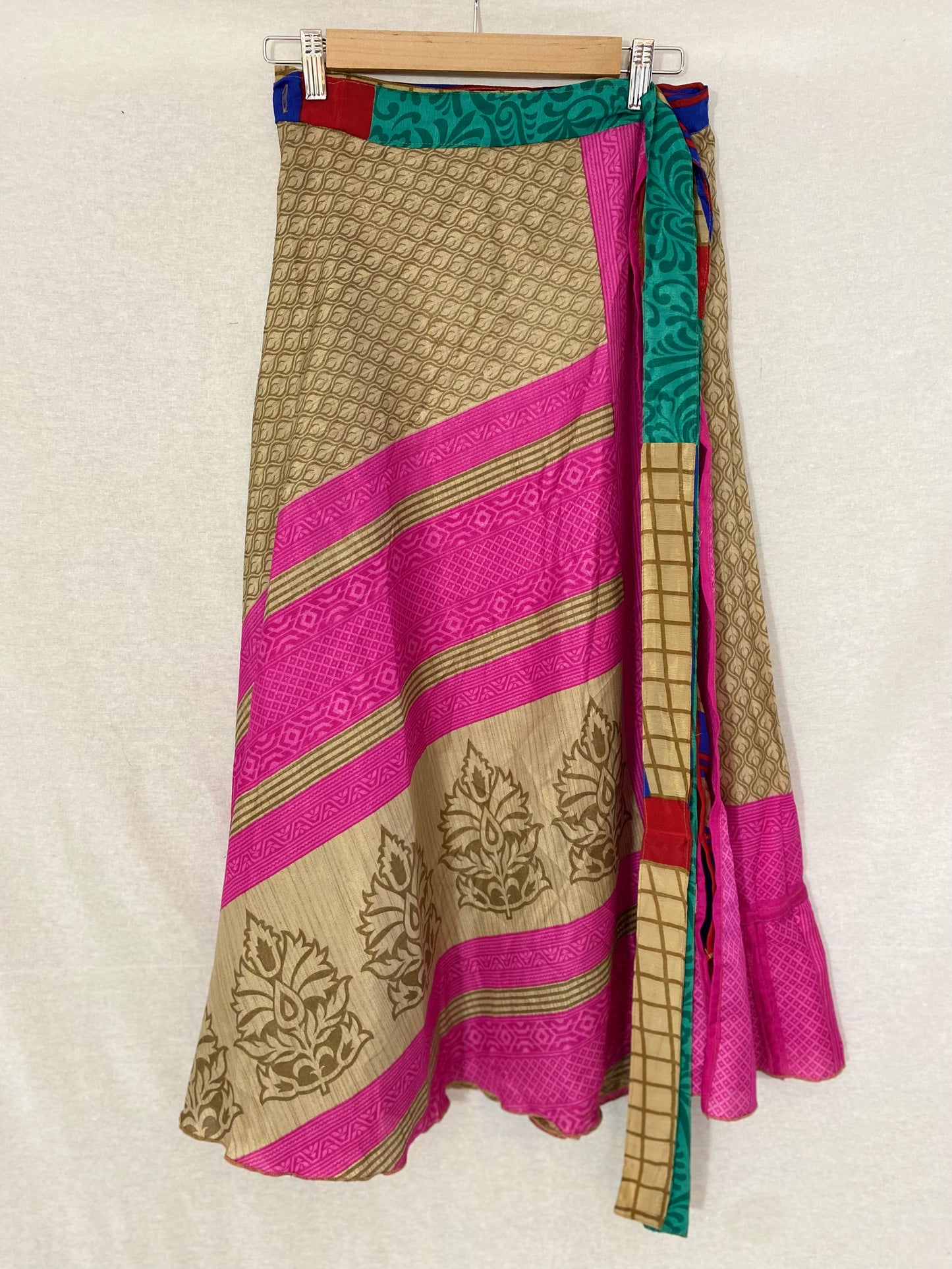 Love Red Paisley and Pink Sari Wrap Skirt - Ankle Length - XL Size