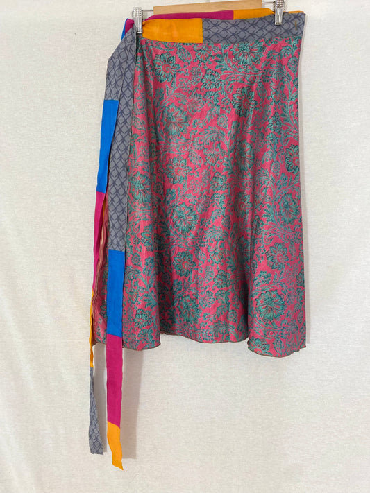Grey Colourful Sari Wrap Skirt - Calf Length - Goddess Size