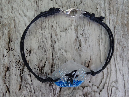 Painted orca on sea glass bracelet