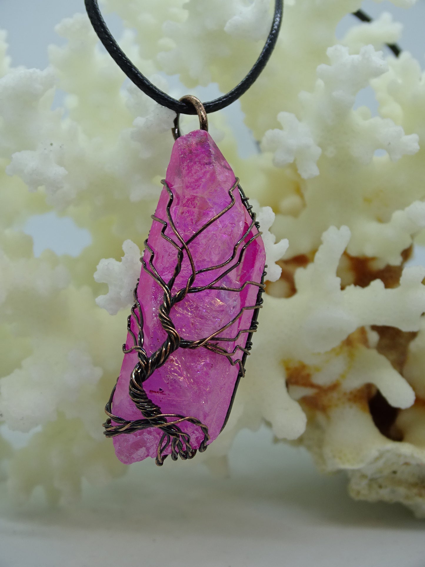 Natural Quartz Reiki Stone Tree of Life Pendant Necklace - Pink