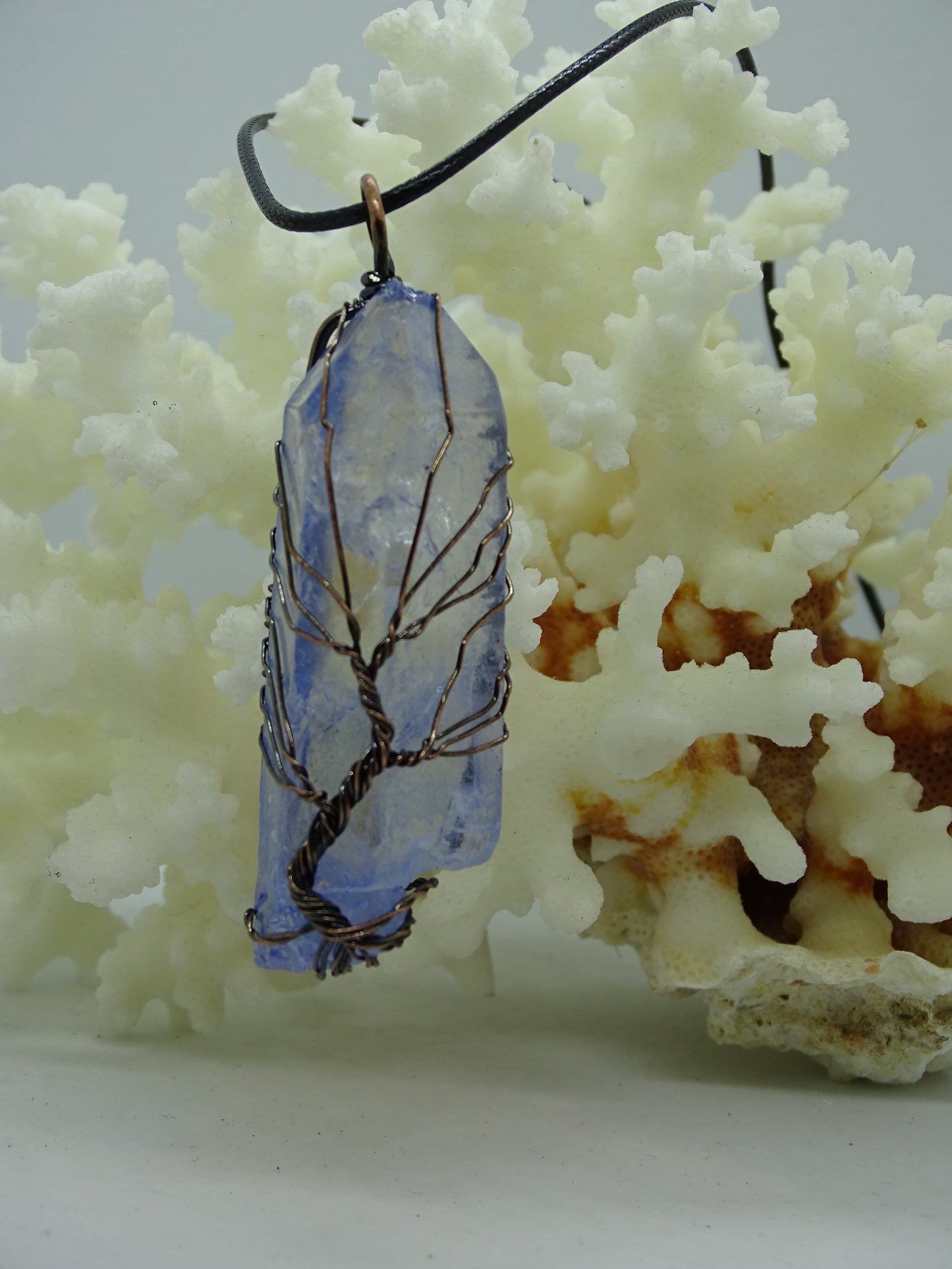 Natural Quartz Reiki Stone Tree of Life Pendant Necklace - Blue Mist - Copper