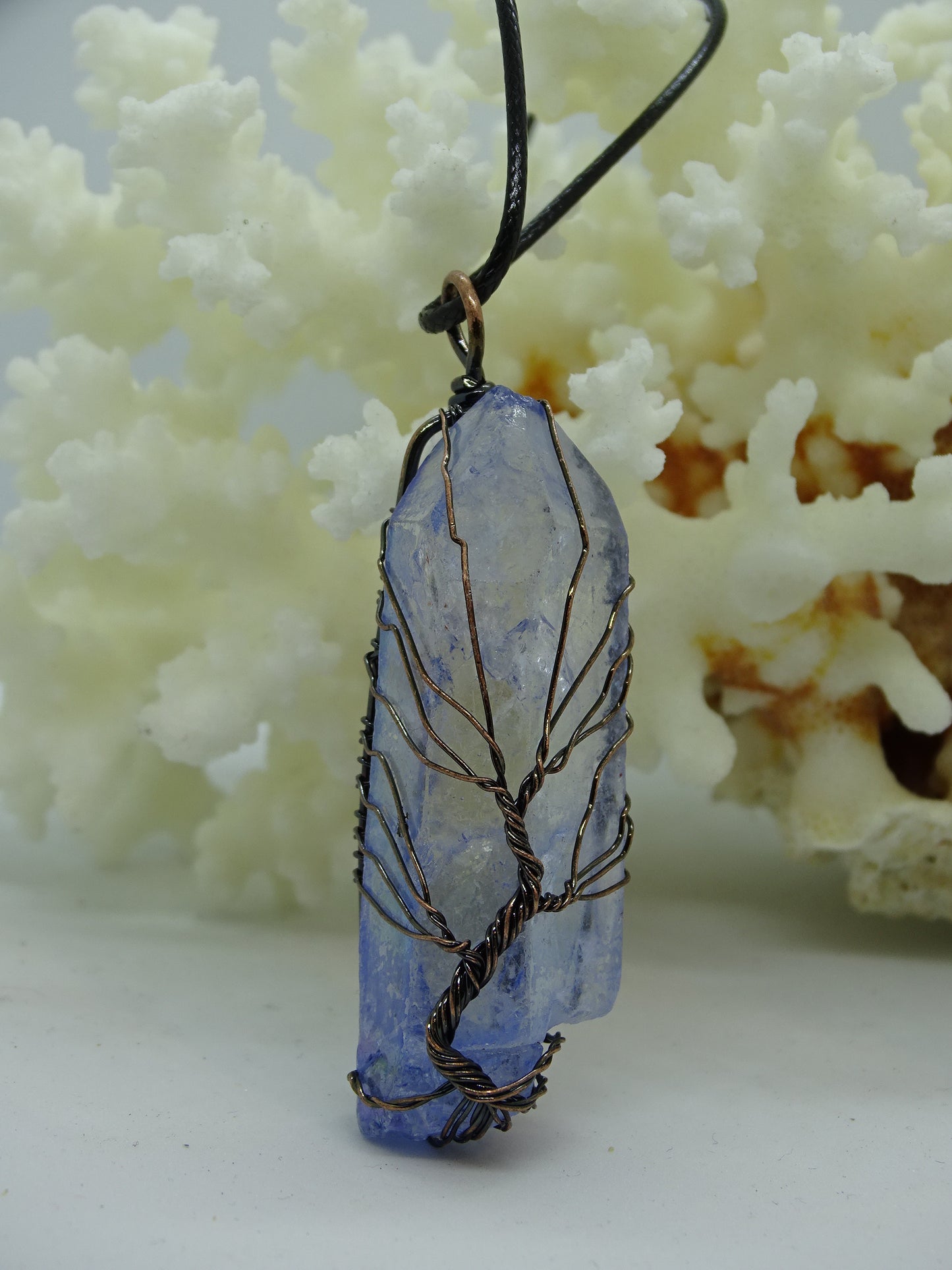 Natural Quartz Reiki Stone Tree of Life Pendant Necklace - Blue Mist - Copper