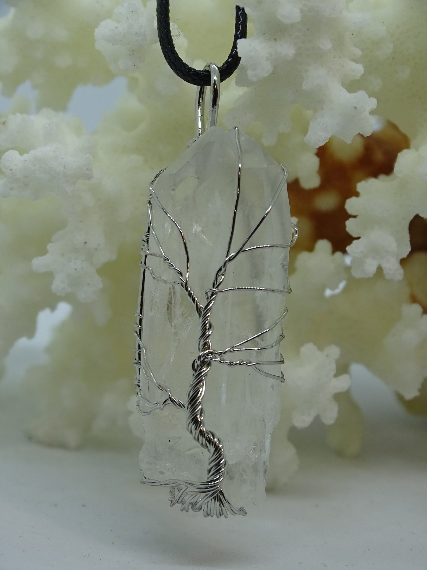 Natural Quartz Reiki Stone Tree of Life Pendant Necklace - White - Silver