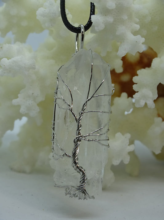 Natural Quartz Reiki Stone Tree of Life Pendant Necklace - White - Silver