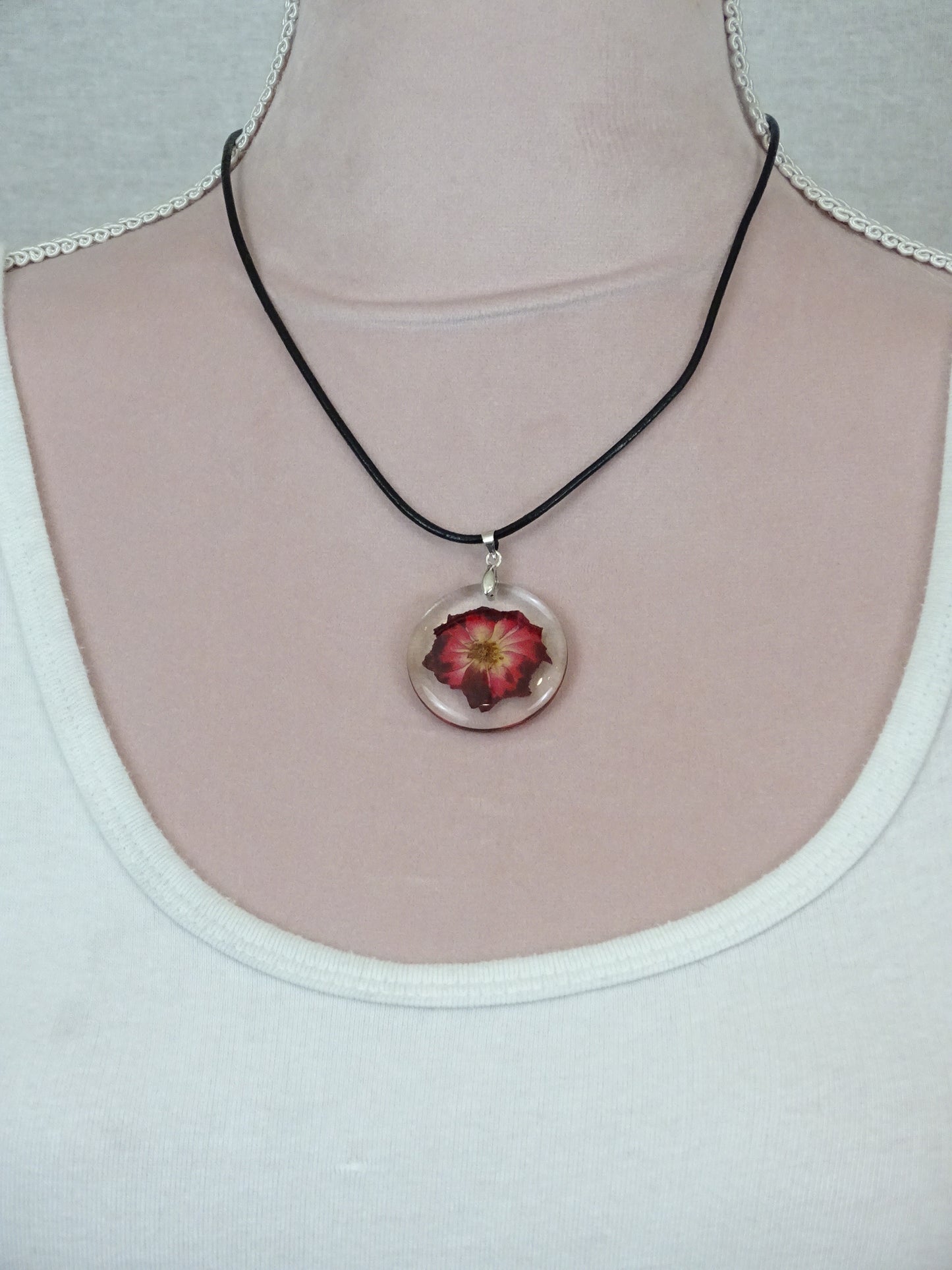 Dried Fuchsia Flower Pendant Necklace