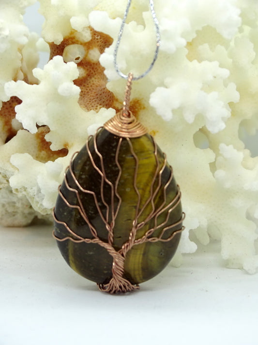 Natural Stone Tree of Life Pendant Necklace - Tiger Eye