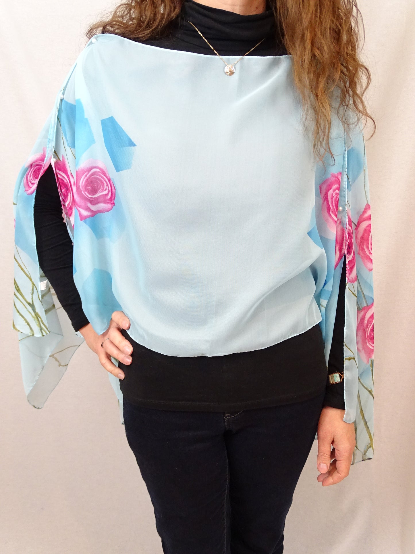 Scarf Shawl - Light Blue with Pink Roses