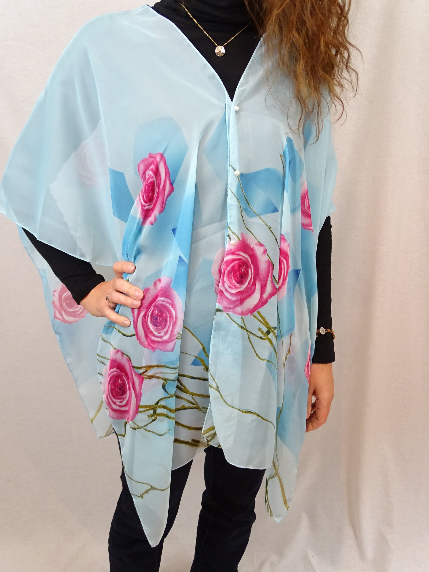 Scarf Shawl - Light Blue with Pink Roses