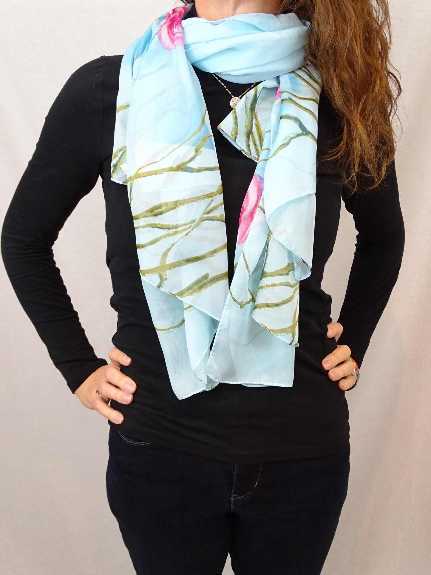Scarf Shawl - Light Blue with Pink Roses