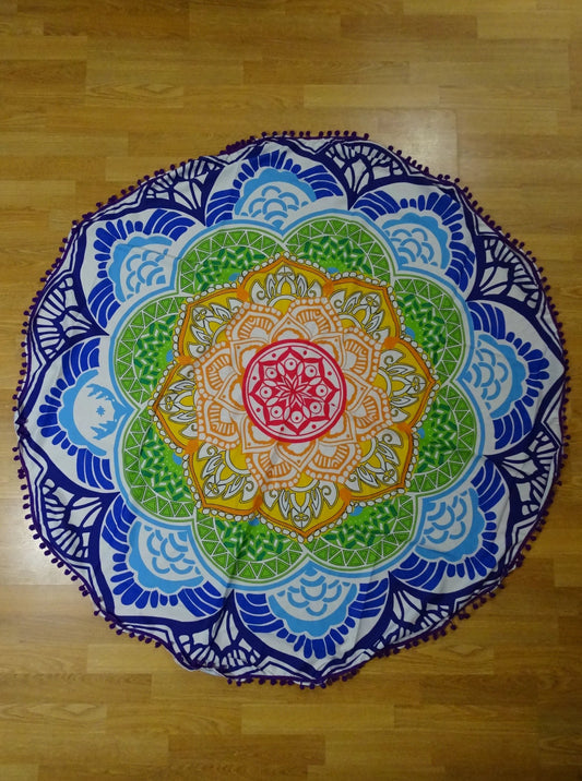 Round Mandala Beach Throw - Purple with pom poms
