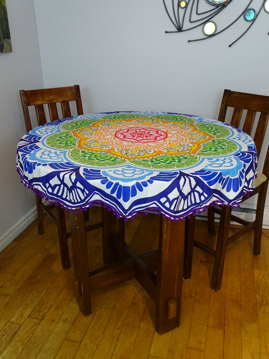 Round Mandala Beach Throw - Purple with pom poms