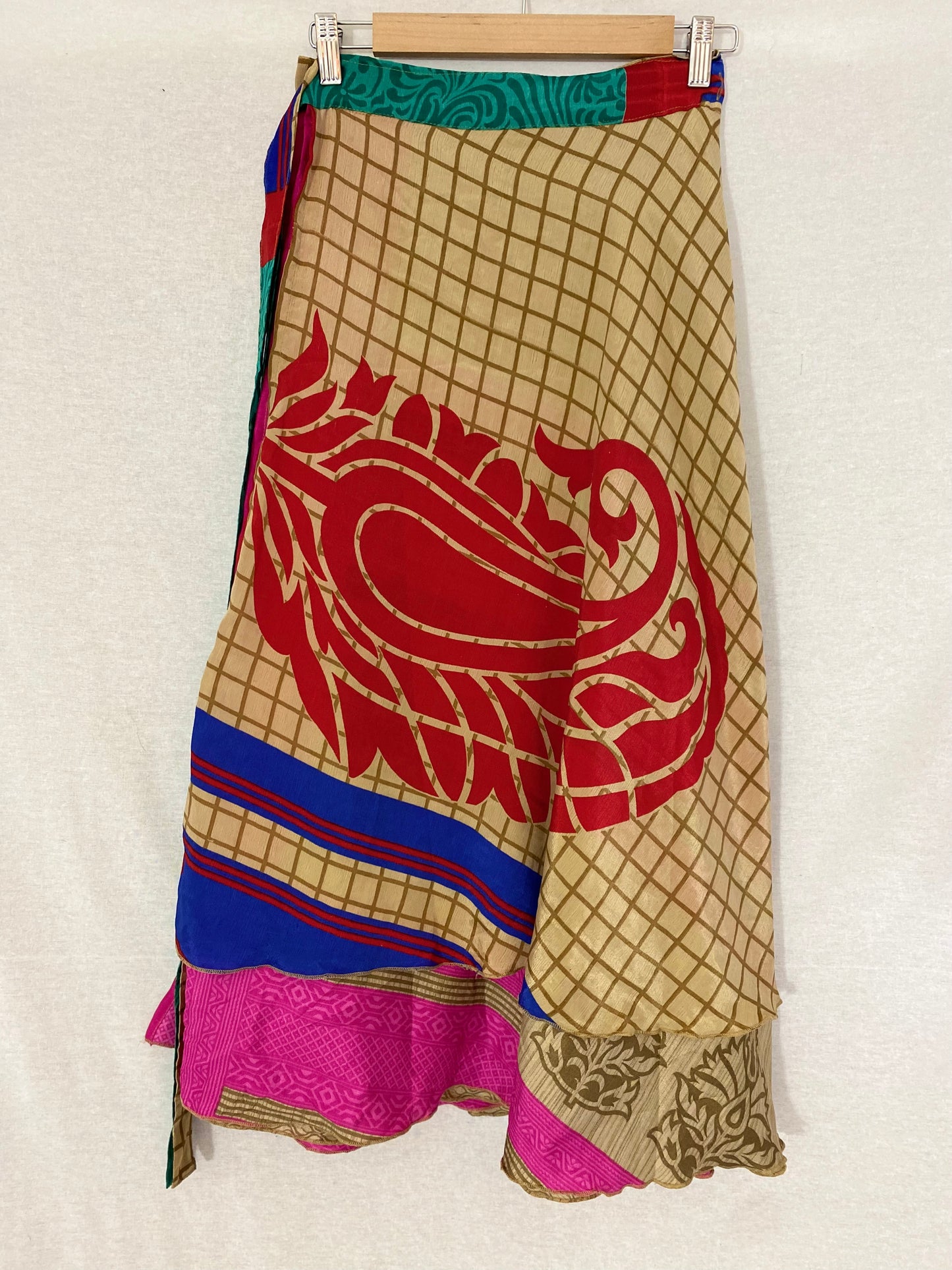 Love Red Paisley and Pink Sari Wrap Skirt - Ankle Length - XL Size