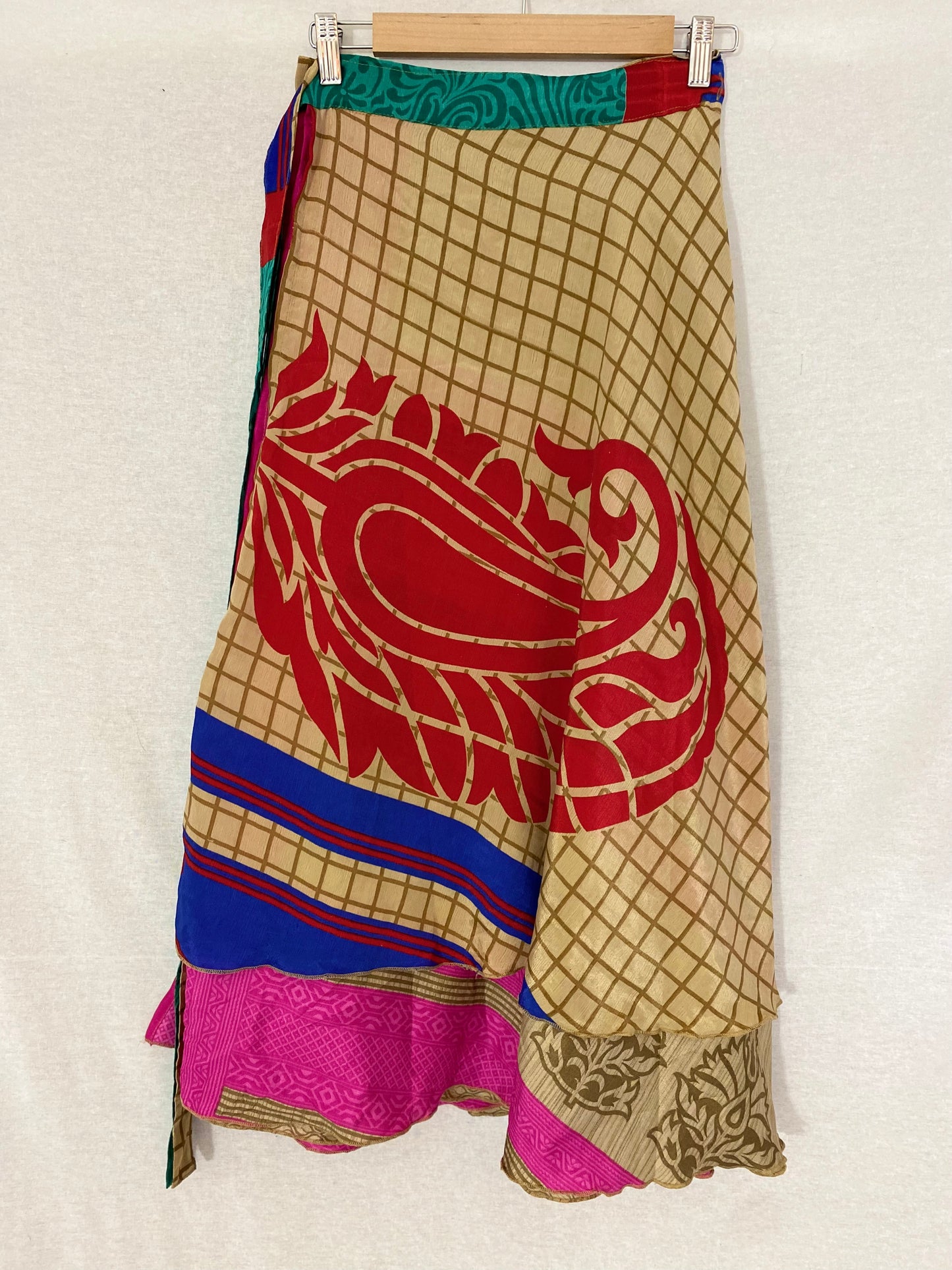 Love Red Paisley and Pink Sari Wrap Skirt - Ankle Length - XL Size