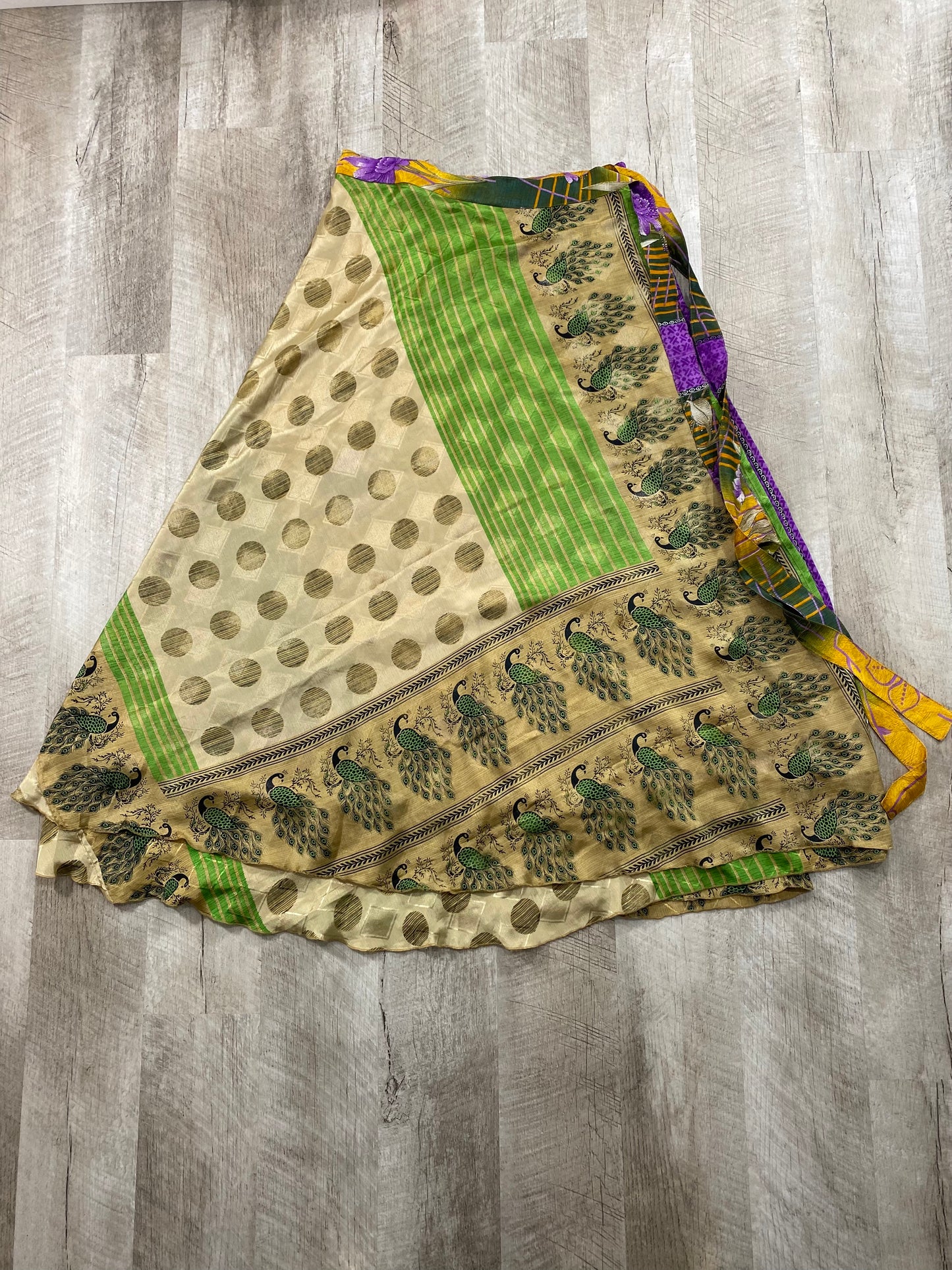 Green Peacocks Sari Wrap Skirt - Ankle Length - Goddess Size