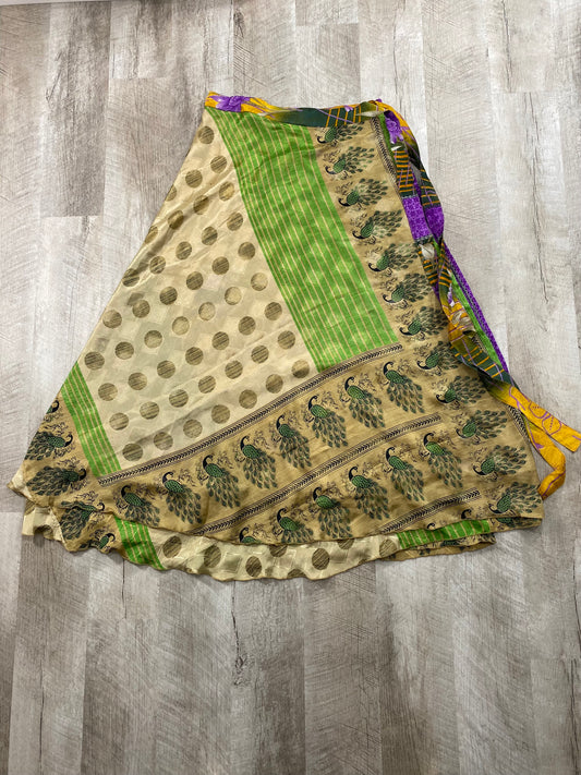 Green Peacocks Sari Wrap Skirt - Ankle Length - Goddess Size