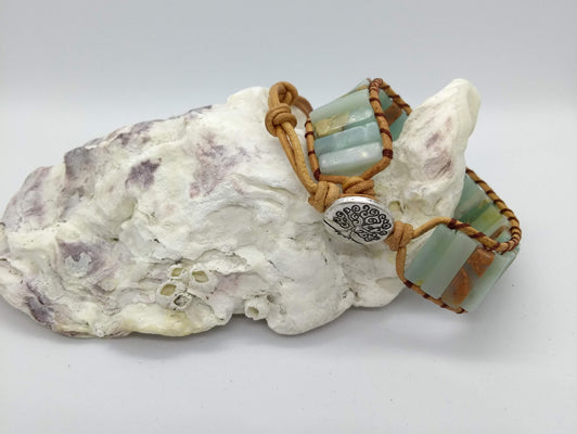 Boho stone leather wrap bracelet - aqua