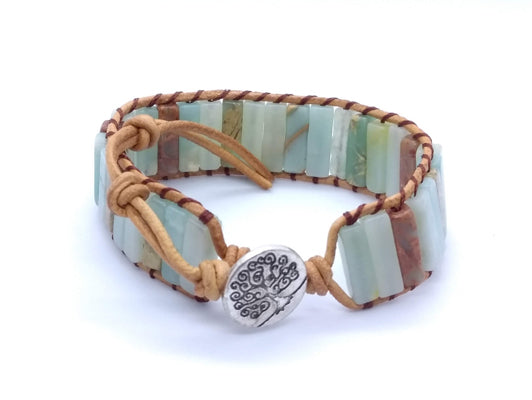 Boho stone leather wrap bracelet - aqua