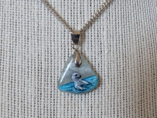 Painted seal on sea glass pendant necklace