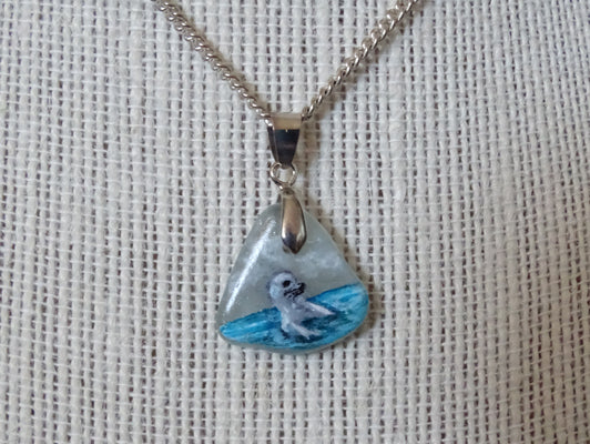 Painted seal on sea glass pendant necklace