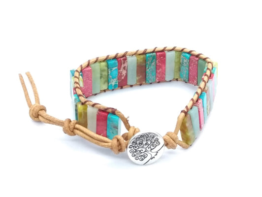 Boho stone leather wrap bracelet - multi-colour with tree