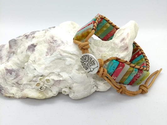 Boho stone leather wrap bracelet - multi-colour with tree