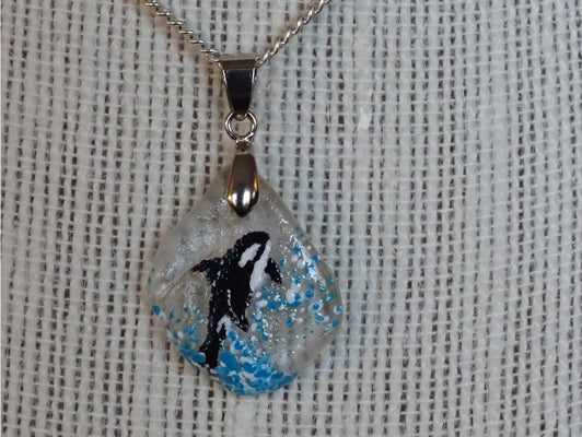 Painted orca on sea glass pendant necklace