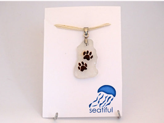 Paw Prints painted on Sea Glass Pendant